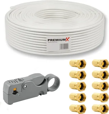 Produktbild von PremiumX 50m BASIC Koaxialkabel 135dB 4-fach SAT Abisolierer 10x F-Stecker