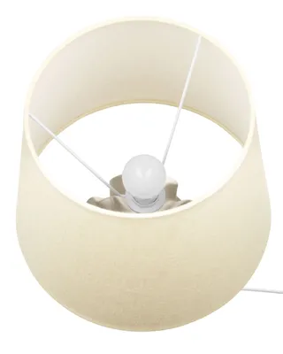 Close-up view of the inside of a lampshade with a light bulb.