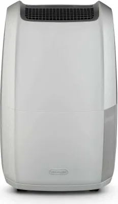 A front view of a white and gray De'Longhi dehumidifier.