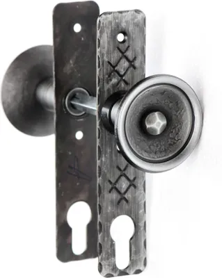 Produktbild von UHRIG, Türdrückergarnitur, Schmiedeeisen, Kurzschild, drehbar, Klinke-Knopf, Antik Schwarz/Silber, rustikal Retro-Design, für Innen & Außen, Komplettset, 8x8mm Vierkant, Profiqualität, handgefertigt