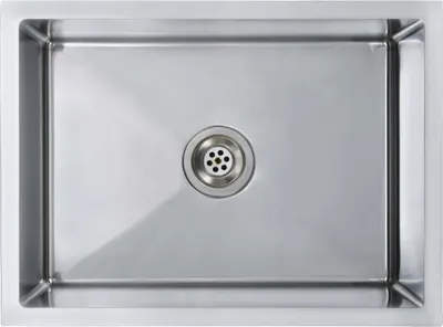 A top-down view of a stainless steel kitchen sink with a drain in the center.
