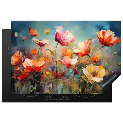 Produktbild von KitchenYeah© Herdabdeckplatte Mohnblumen - Bunt - Blumen , 78x52cm, Küche Deko, Glaskeramikkochfeld Herdabdeckung, Abdeckplatte fùr Kochfeld