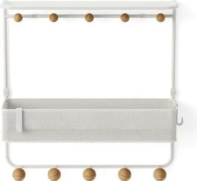 A white wall-mounted organizer with hooks and a basket.