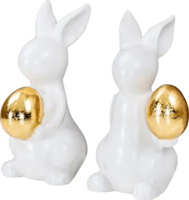 Produktbild von 2er Set Deko Hasen H14cm Weiß Gold Figur Ostern Deko Aufsteller Tischdeko