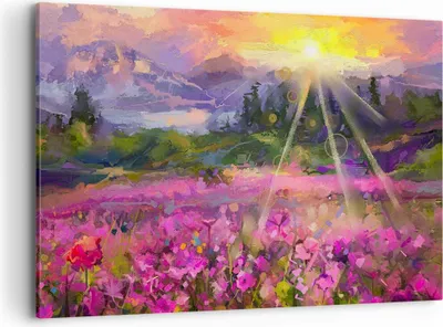 Produktbild von Bild auf Leinwand - Leinwandbild - Berge Blumen Blumen - 120x80cm - Wand Bild - Wanddeko - Leinwanddruck - Bilder - Kunstdruck - Wanddekoration - Leinwand bilder - Wandkunst - AA120x80-4029