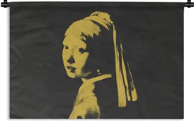 Produktbild von MuchoWow® Wandteppich Wandbehang Mädchen mit Perlenohrring - Vermeer - Schwarz - Gelb 90x60 cm Tapisserie Dekoration Wandtuch - Wandskulpturen - Bildteppich