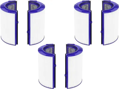 Five air purifier filters arranged in a scattered pattern against a white background.
