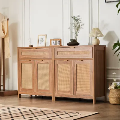 Immagine prodotto di Mobile in rattan con 4 ante, 2 cassetti, ripiani regolabili, set di 2, design elegante, struttura robusta