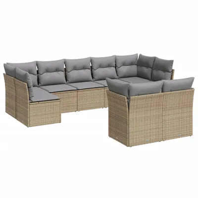 Produktbild von 9-tlg. Garten-Sofagarnitur mit Kissen Beige Poly Rattan