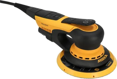 A yellow and black electric sander is shown against a white background.