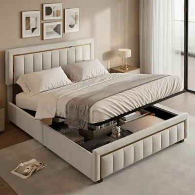 Obrázok produktu pre INONEFT čalúnená posteľ 140x190 cm s roštom, hydraulická posteľ s úložným priestorom, dvojposteľ s pozláteným rámom, materiál: zamat, farba: béžová