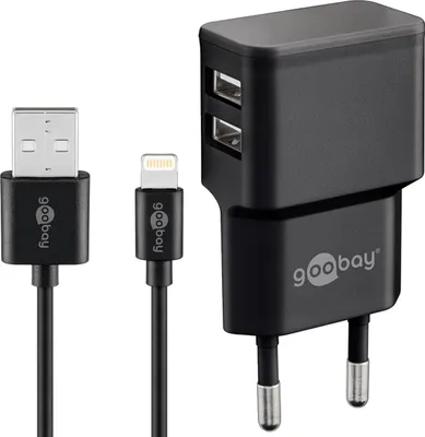 Produktbild von Dual Ladeset 2,4 A, Netzteil mit 2x USB-Ausgang inklusive USB-Ladekabel, schwarz Lightning Connector