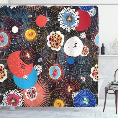 Immagine prodotto di ABAKUHAUS Tenda da doccia artistica, motivo floreale psichedelico con forme fantastiche, forme geometriche kitsch, 175 x 240 cm, multicolore