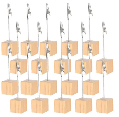 Image de Support pour photos avec pinces - Lot de 20 pièces - Porte-cartes de table pour photos et notes - Noir et couleur bois