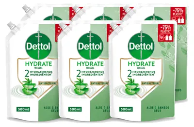 Imagen del producto de 6 unidades de recambio de jabón líquido para manos Dettol, hidratante, con aloe vera y bambú, 500 ml, pack económico