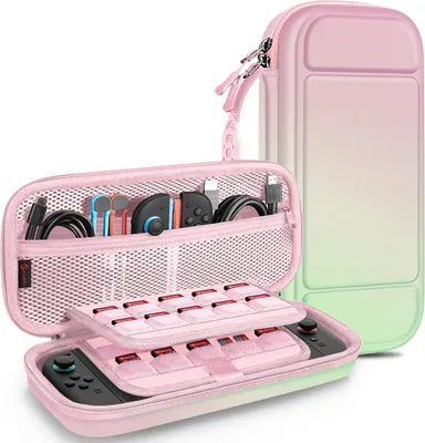Produktbild von FINTIE Tasche für Nintendo Switch 2(2025) - Tragetasche Aufbewahrungstasche Hülle Case mit Spielkartenhaltern und Innentasche für Nintendo Switch 2 Konsole und Zubehör (Rosa Grün)