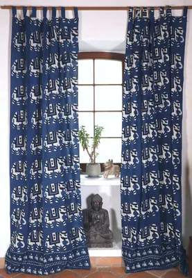 Produktbild von Boho Vorhänge, Gardine (1 Paar ) mit Schlaufen, Handbedruckter Ethno Style Vorhang - Elefant / Blau, Baumwolle, 250*100*0,2 cm, Dekovorhänge