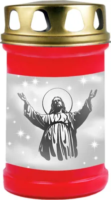 Zdjęcie produktu dla Świeca grobowa czerwona, czas palenia: 48 godzin, motyw: Jezus