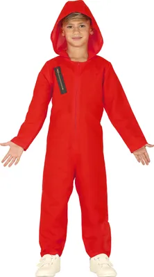 A young boy wearing a red hooded jumpsuit.