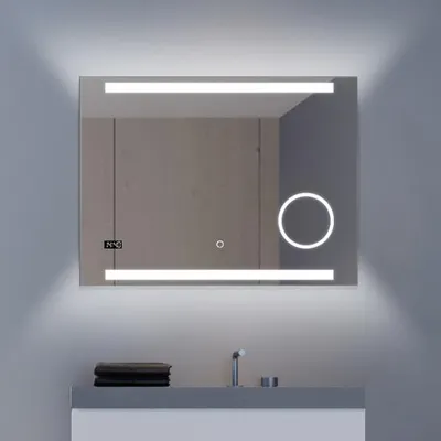 Produktbild von LED Badspiegel 80x60cm, Touchschalter, Kosmetikspiegel, Digitaluhr, IP24