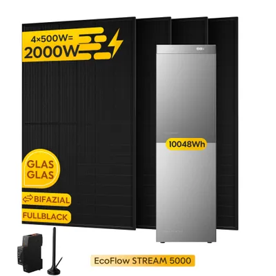 Produktbild von Powerness® Balkonkraftwerk mit Speicher 10048Wh, EcoFlow Stream 5000 Speicher mit EB 5000 Zusatzbatterie, 4x 500Wp Solarmodule+Smart Meter