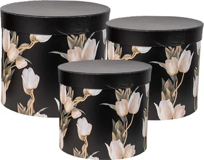 Image de Clayre & Eef Boîte de rangement, set de 3 Ø 24x21 / Ø 22x29/ Ø 19x18 cm Noir Carton Tulipes