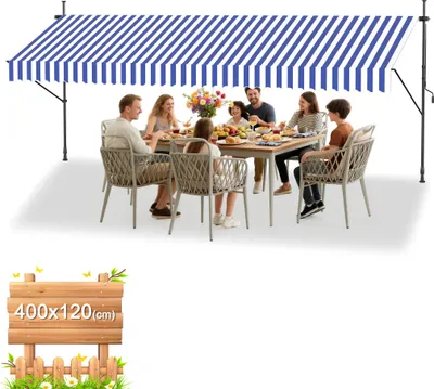 Produktbild von UISEBRT Klemmmarkise Balkonmarkise mit Handkurbel Einziehbar Manuell Sonnenschutz UV-beständig ohne Bohren Terrassenüberdachung 400x120cm Blau-weiß