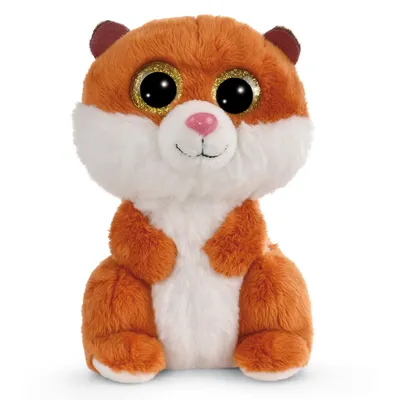 A plush toy hamster is shown sitting against a white background.