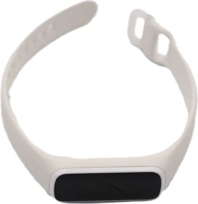 A white activity tracker with a black screen is shown against a white background.