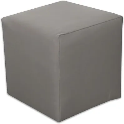 A gray cube-shaped ottoman or footstool is shown against a white background.