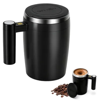 Selbstrührender Becher 400 ml, Edelstahl, Temperaturanzeige, schwarz