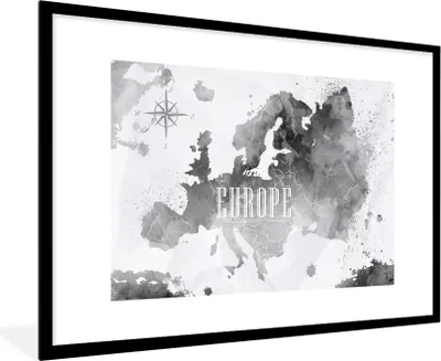 Produktbild von MuchoWow® MuchoWow® Gerahmtes Poster Aquarell - Weltkarte - Schwarz 90x60 cm - Poster mit zchwarzem Bilderrahmen - Wanddekoration - Fotos