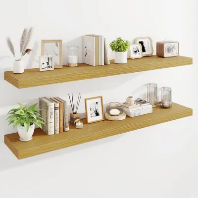 Image de Étagères murales flottantes, étagères en bois avec supports invisibles, lot de 2, chêne naturel, 140 cm