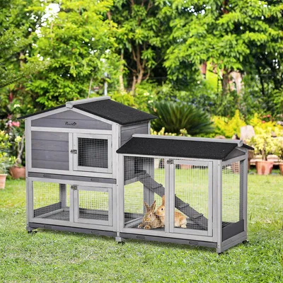 Produktbild von Sweiko Hasenstall 2 Etagen Kaninchenstall aus Holz 157,4 x 53 x 99,5 cm Kaninchenkäfig mit wetterfest Bitumendach, Freilaufgehege, Rampe, Tür, Stahlgitter, Hasenkäfig für Kaninchen, Outdoor Grau