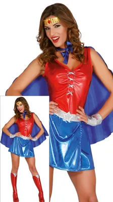 Produktbild von Superhelden Abenteuerfigur Kostüm Inspiration Moderner Held Comic Fantasy Stil Karneval Fasching Umhang Eindrucksvolles Cape Rotes Blaue Details Kostümfest Glamouröse Abenteurerin, Größe: 36 - 38 (S) Farbe: Rot