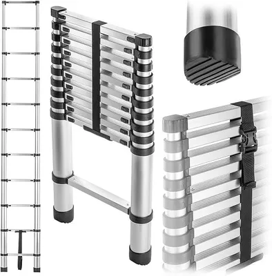 Imagen del producto de Escalera telescópica de aluminio de 3,2 metros, con 11 escalones, plegable, con pies antideslizantes, capacidad de carga de hasta 125 kg, escalera multiusos