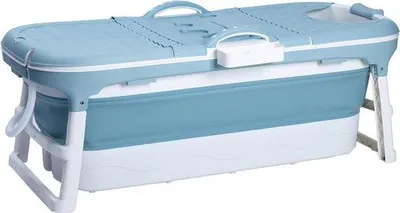 Immagine prodotto di Vasca da bagno pieghevole per adulti Famanu, ideale per piccoli bagni, con portasciugamani e poggiatesta, colore blu