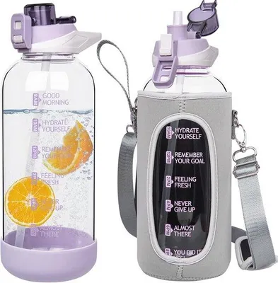 Produktbild von Famanu Wasserflasche 2 Liter mit Strohhalm und Zeitmarkierungen - BPA-frei und auslaufsicher
