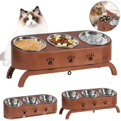 Produktbild von Katzen Futternapf erhöht, 3 Edelstahl Näpfe, Neigbar & Höhenverstellbar, rutschfest, leicht zu reinigen, Haustier Futterbar