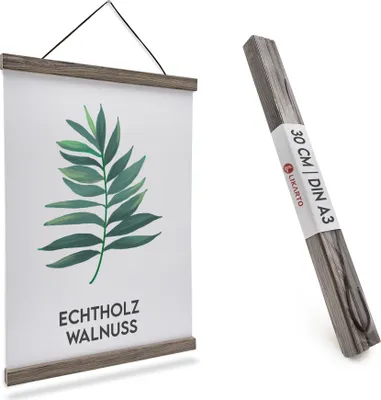 Produktbild von LIKARTO Premium-Posterleiste Holz Walnuss A3 | 30 cm - Hochwertige magnetische Bilderleiste aus Echtholz inkl. Lederband - Einfaches Bilder aufhängen