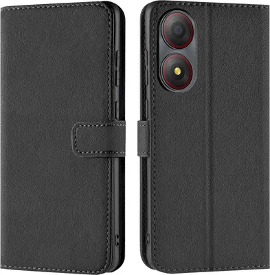 A black flip case for a smartphone, shown from the front and back.