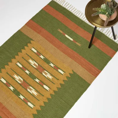 Produktbild von HOMESCAPES Handgewebter Juteteppich Lundi Green – 240 x 300 cm, Kelim-Muster orange-grün