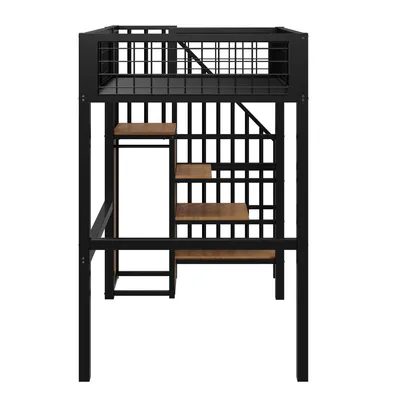 Produktbild von Merax Hochbett mit Schreibtisch, Bücherregalen und Tastaturablage, Etagenbett 90x200cm mit Rausfallschutz, Metallbett mit Lattenrost, Einzelbett Jugendbett mit Leiter, Schwarz