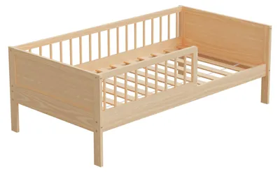 Produktbild von HAGO24 Kinderbett 160x80cm Natur Holzbett Einzelbett Lattenrost Rausfallschutz Kiefernholz Kleinkind Beistellbett