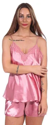 Produktbild von Damen Satin Nachtwäsche Pyjama Set Shorty mit Spitze; Altrosa/S