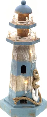 A decorative wooden lighthouse with LED lights.