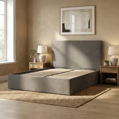 Produktbild von Polsterbett PAOLA 140x200 – Modernes Doppelbett mit Kopfteil und Holzlattenrost, ohne Bettkasten Dunkelgrau Samt