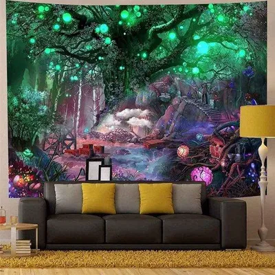 Zdjęcie produktu dla Unyqoos® Gobelin ścienny – Psychedeliczne drzewo ze słońcem i księżycem, 100% poliester, wszechstronny element dekoracyjny do wnętrz w stylu boho, może być również jako obrus lub narzuta