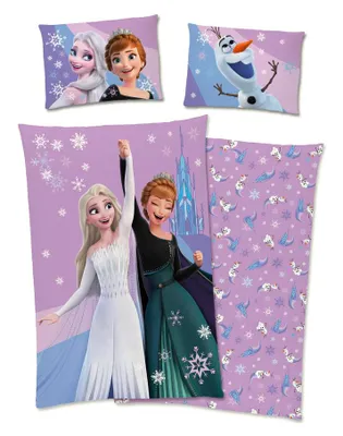A collage of Disney Frozen themed bedding items, featuring characters Elsa, Anna, and Olaf, with a castle and snowflake motifs.