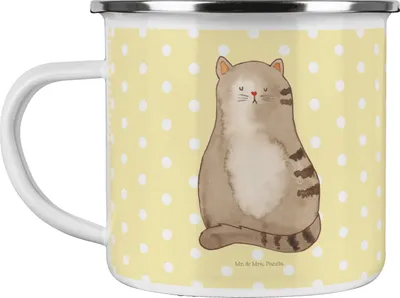 Produktbild von Mr. & Mrs. Panda Teetasse Katze Sitzen - Gelb Pastell - Geschenk, Pott, Katzen, Emaille Tasse, Cats, Teebecher, Herz, Haferl, Blechtasse, Kater
